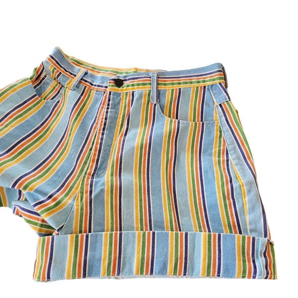 Vintage‎ 90s Womens Size 8 Striped Denim Jean Mom Shorts Rainbow Blue High Waist - Picture 5 of 11